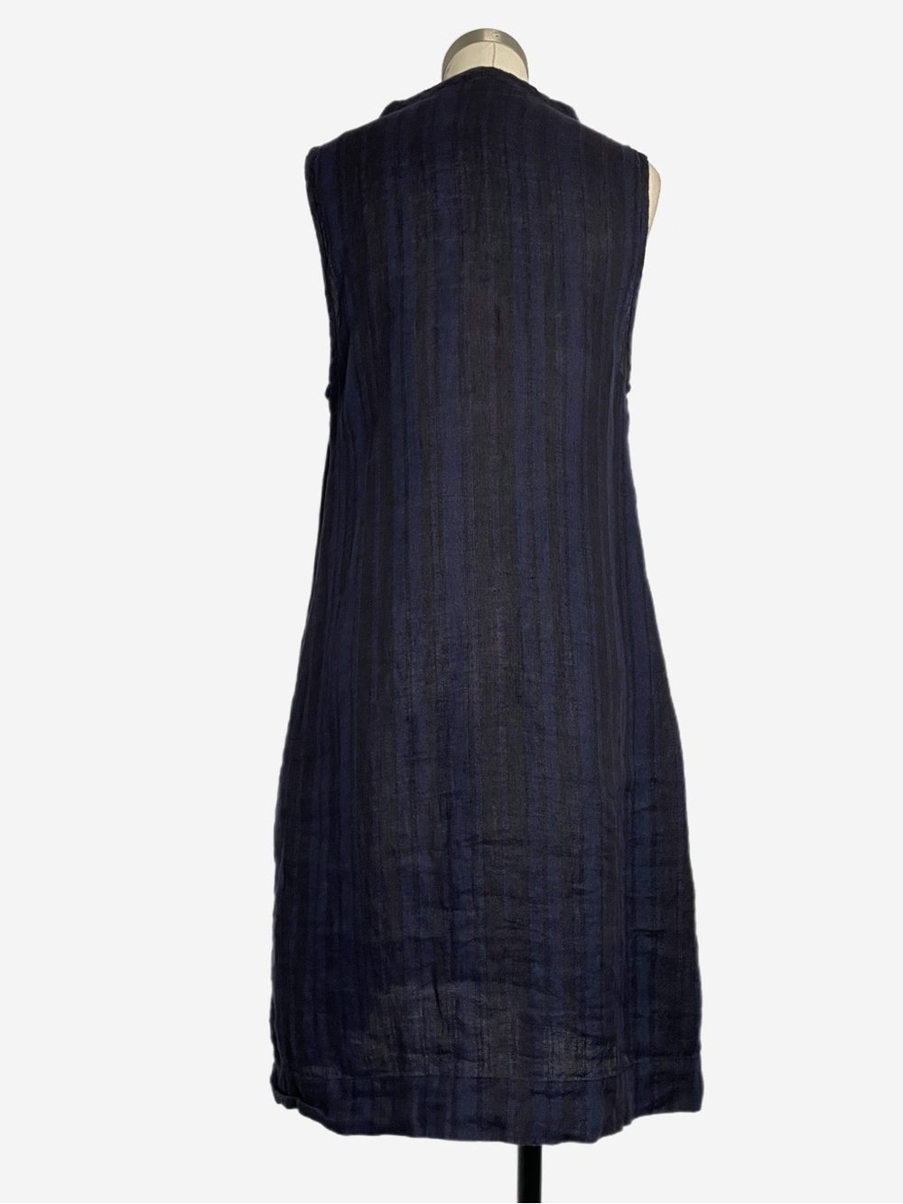 FLAX Navy black striped sleeveless v-neck shift dress linen beachy pockets XS/S - Picture 6 of 11